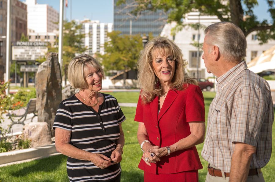 Jill Dickman talking with residents